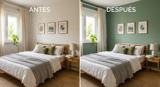antes y después de pintura en dormitorio